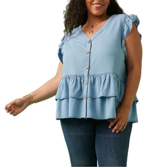 Hayden Tops - Hayden Los Angeles Women’s Button Detail Ruffled Denim Sleeveless Top